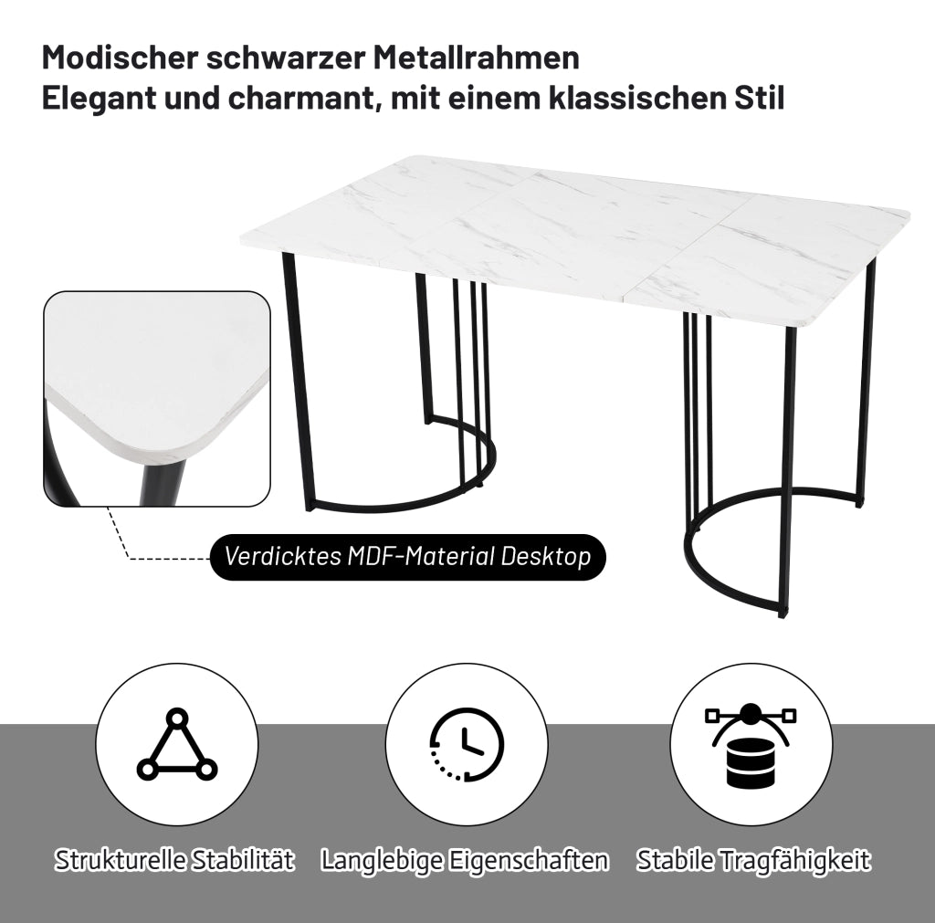 Set tavolo da pranzo 140x80 cm con 4 sedie in velluto nero; piano MDF bianco effetto marmo