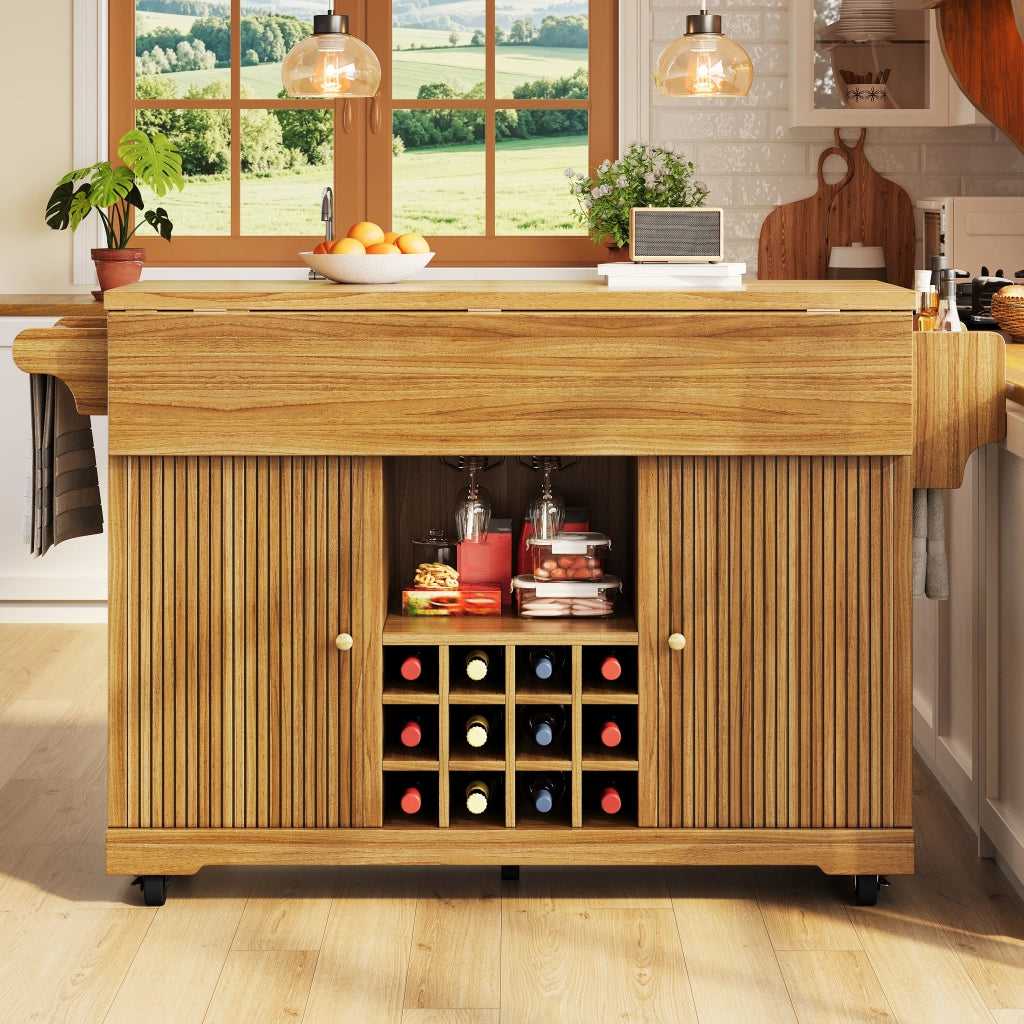Carrello da cucina con ripiani regolabili, portabottiglie estraibile e piani ribaltabili, in MDF, marrone scuro