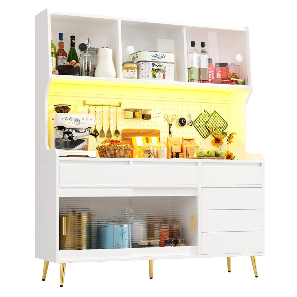 Mobile alto da cucina 145x39x171 cm con ante scorrevoli, LED RGB e vetro rigato bianco HAVRYA