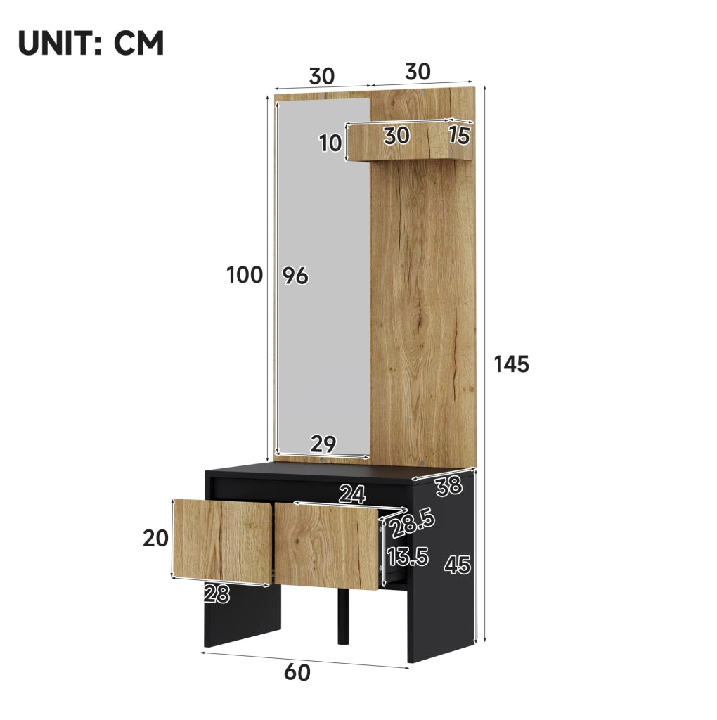 Set appendiabiti 60x38x145 cm nero e naturale in truciolato, specchio e 2 cassetti