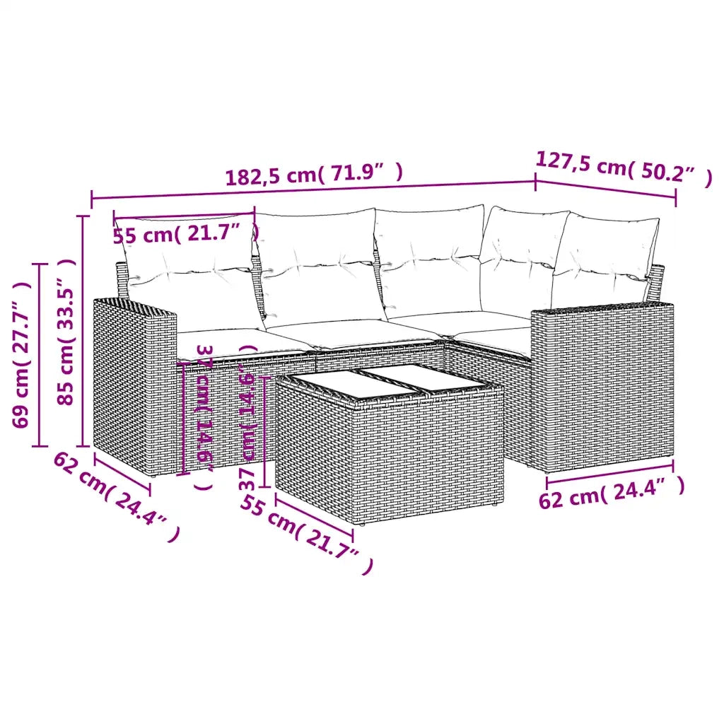 Set Divano da Giardino 5 pz | Set Salotto da Giardino con Cuscini Marrone in Polyrattan