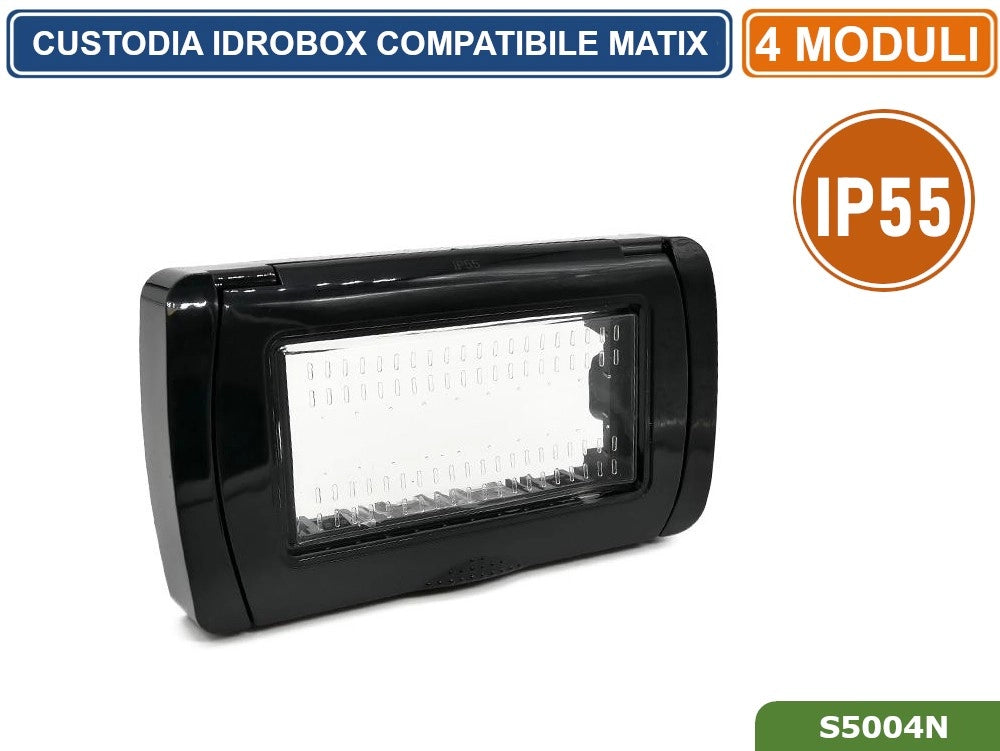 PLACCA COPERTURA STAGNA 4M  IDROBOX 4 MODULI NERA IP55 COMPATIBILE SERIE BTICINO MATIX
