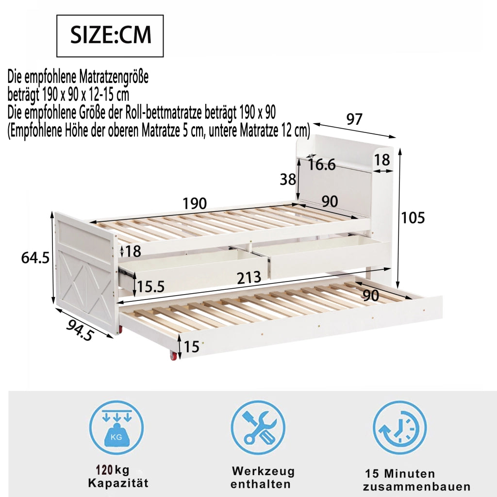 Letto con letto estraibile 90 × 190 cm con 2 cassetti comodino con vano e USB in legno bianco con rete a doghe