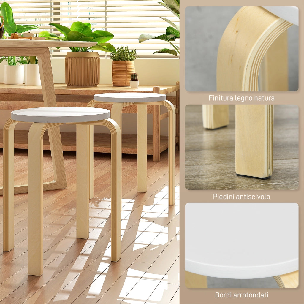 Set 4 Sgabelli Rotondi Impilabili in Legno Bianco, ?40x45 cm