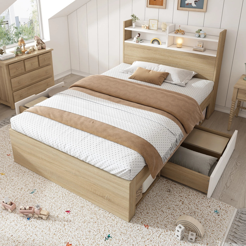 Letto singolo 90x190 cm con testiera a ripiani; 2 cassetti; bianco e rovere