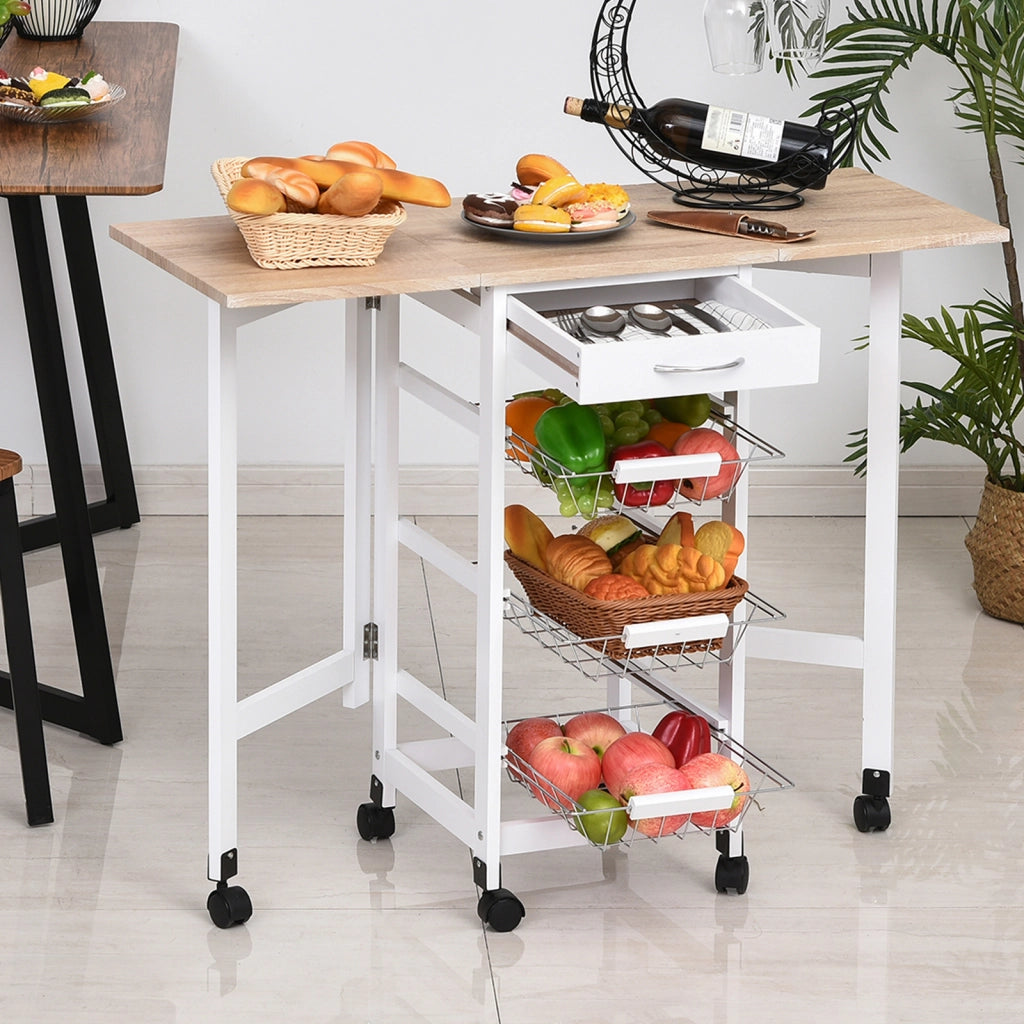 Carrello da cucina con cestini e cassetto ¨C Minimal ¨C metallo bianco quercia chiaro