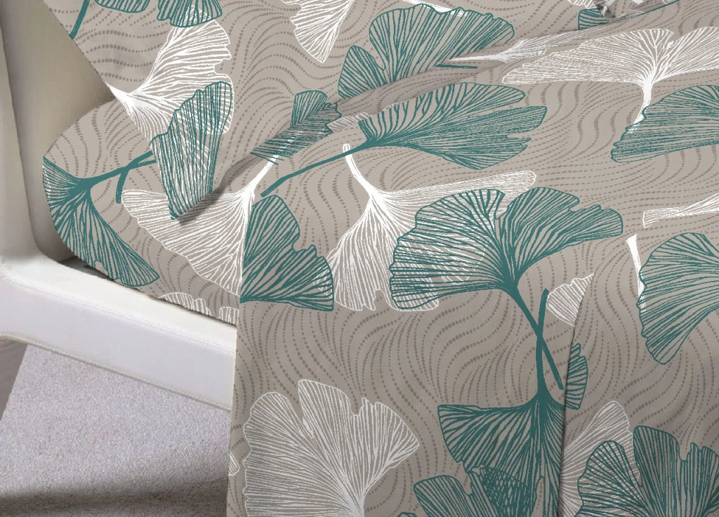 Completo Lenzuola In 100% Cotone Made Italy Moderno Disegno Ginko - Francese - Verde