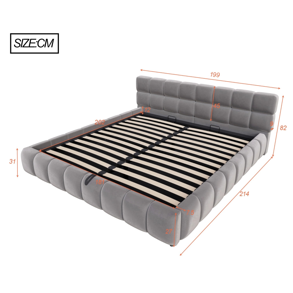 Letto matrimoniale 180 × 200 cm con contenitore idraulico e LED regolabile, senza materasso, in velluto grigio