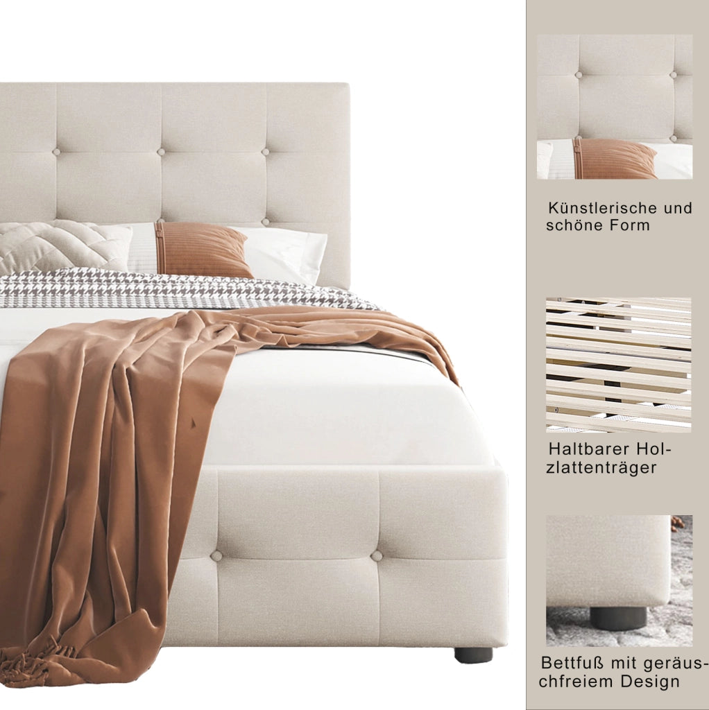Letto imbottito con testiera; 4 cassetti e rete a doghe; beige