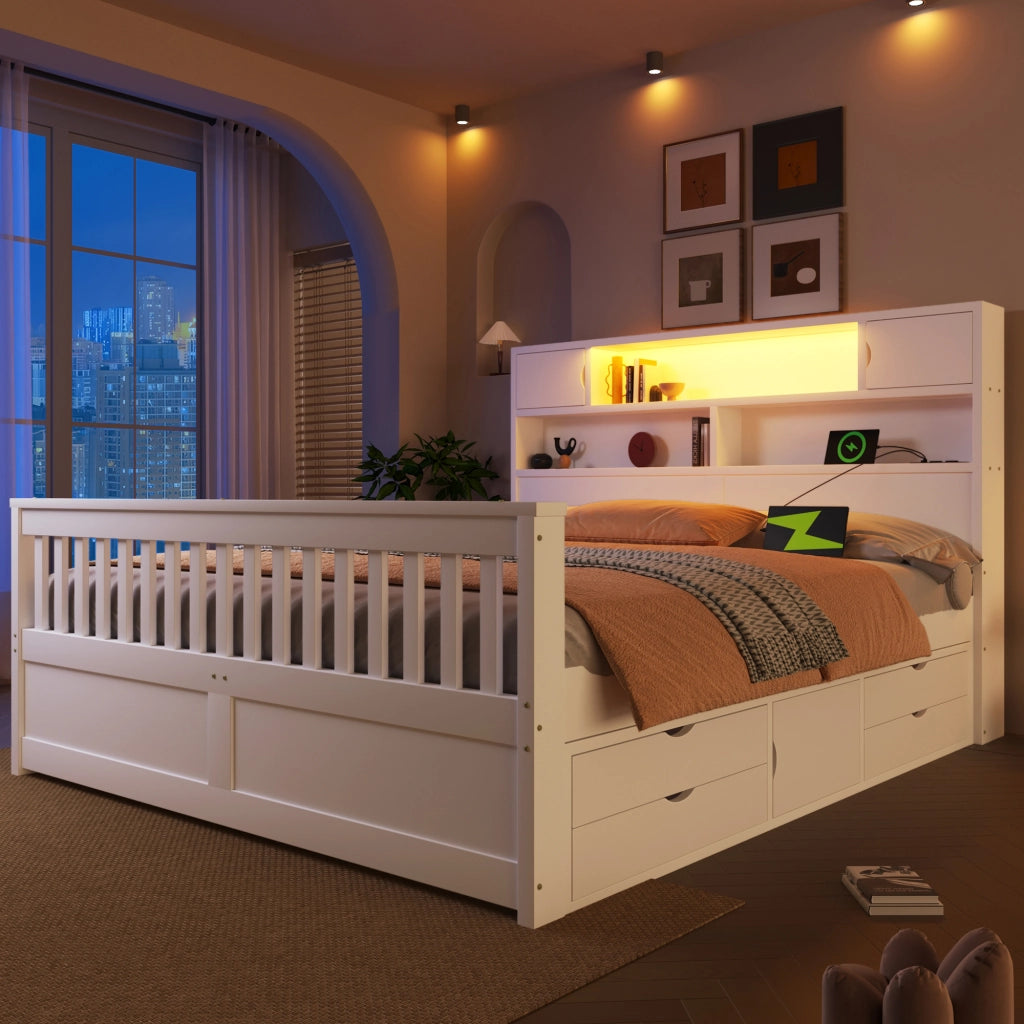 Letto matrimoniale 160x200 cm bianco con ripiani; LED; USB e 4 cassetti