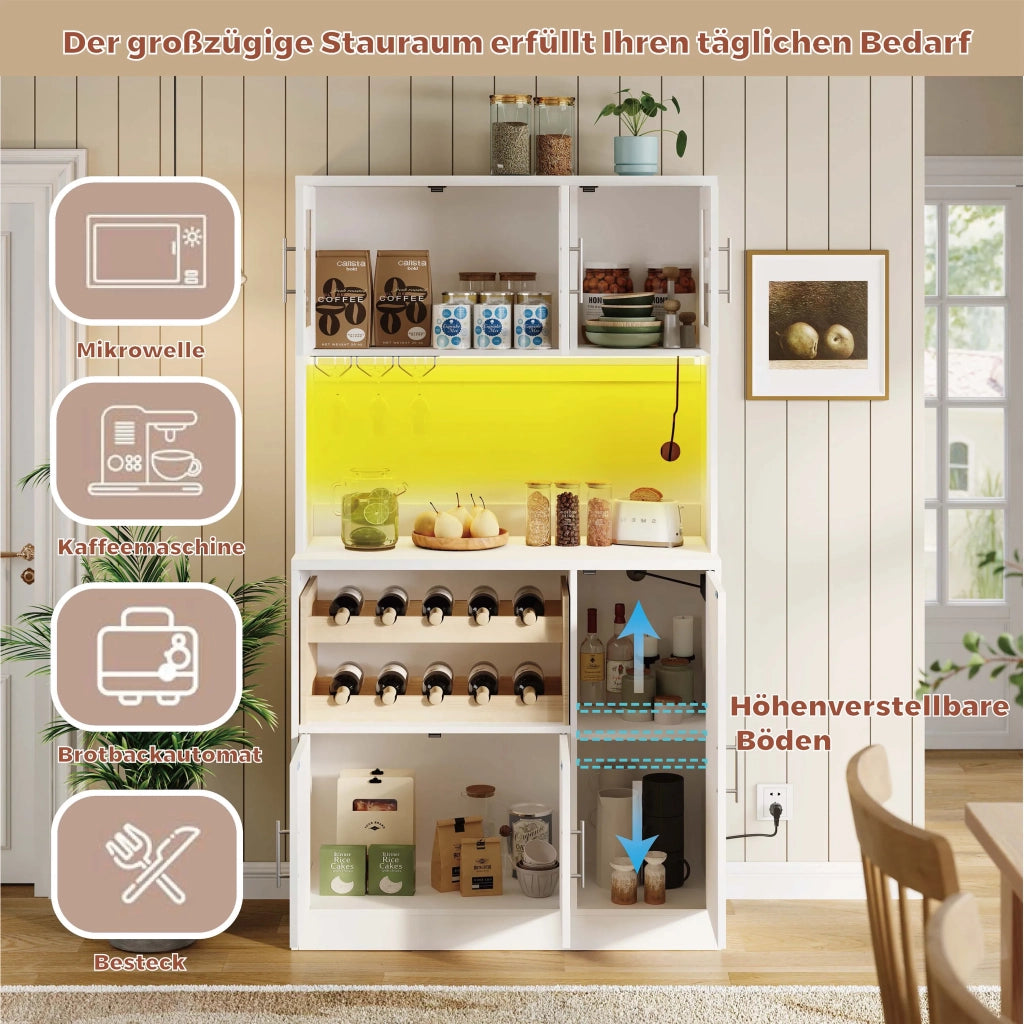 Dispensa da cucina bianca 100x40x180 cm con ante in vetro, LED RGB e presa elettrica, portabicchieri e scaffale vino, mobile alto moderno