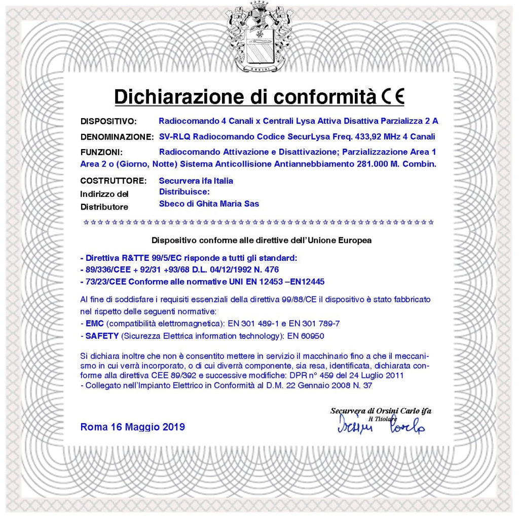 Radiocomando 2 Pezzi Inserimento e Disinserimento Totale e Parziale Tipo Giorno Notte Per Allarme Lysa64 e Lysa GSM Sydra 4 Canali Frequenza 433,92 MHz rolling code Anticollisione Antiannebbiamento