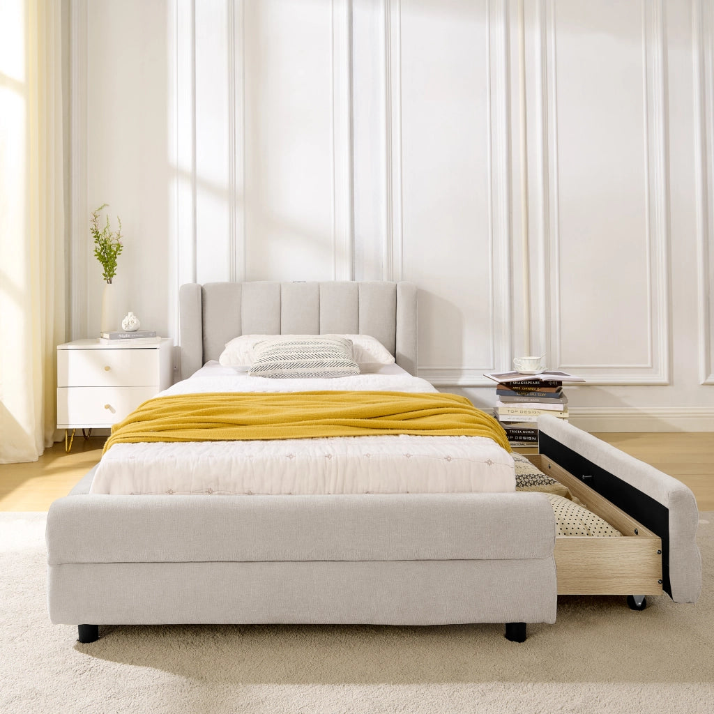 Letto Singolo 90x200 cm; 1 Posto - 2 Cassetti; USB e Type-C - Chenille - Beige