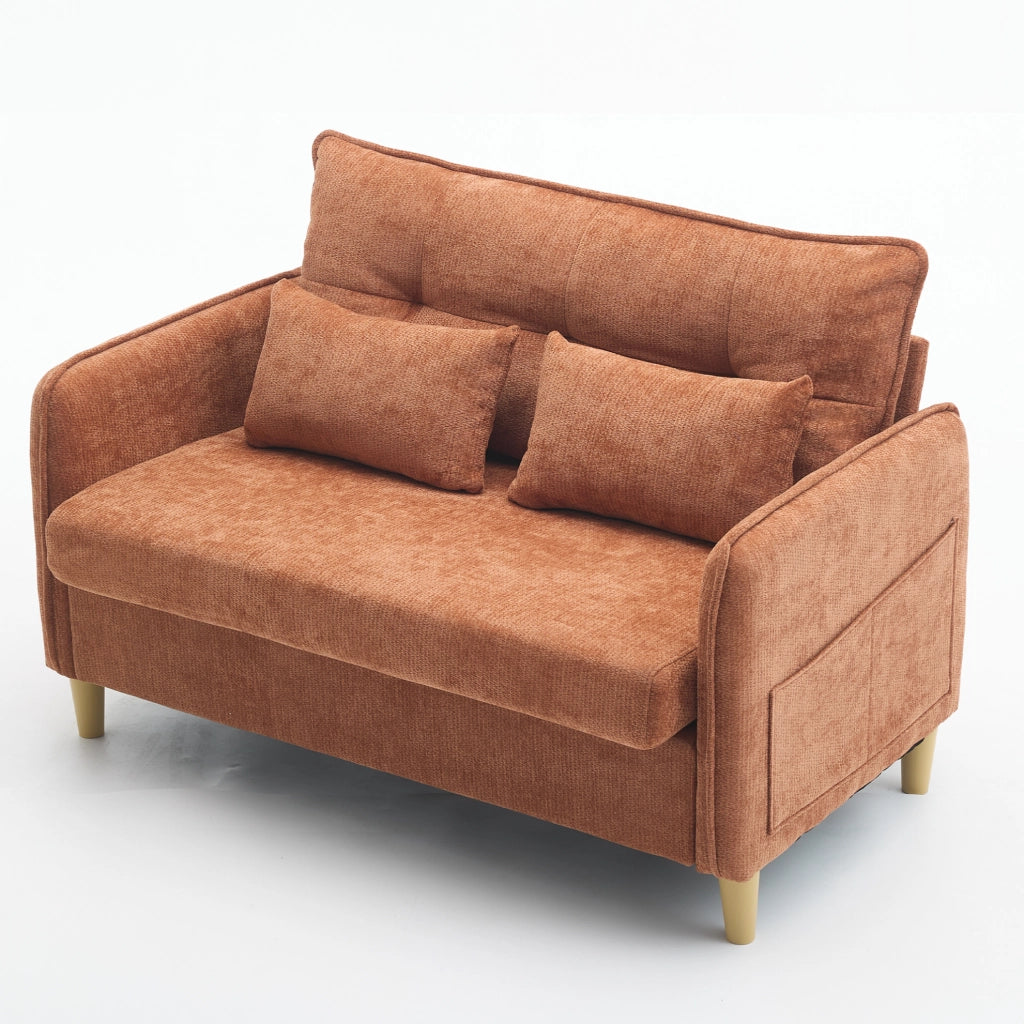 Divano a 2 posti in tessuto Chenille marrone, 127 cm, con braccioli, tasche laterali e cuscini inclusi