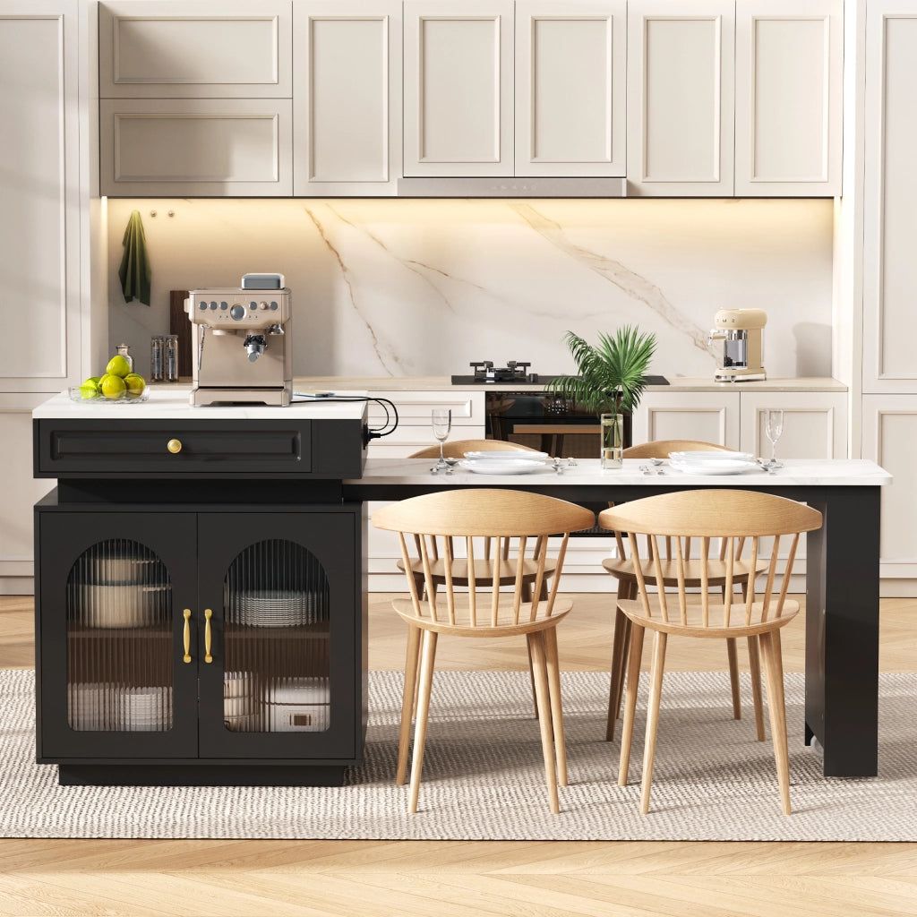 Isola Cucina con Ruote e Tavolo da Pranzo Allungabile; Tavolo Bar con Prese e LED; Nero