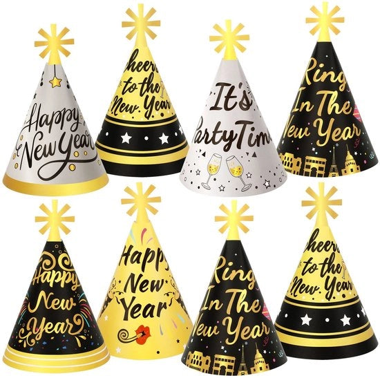 Accessori di Festa per Foto Booth 12 Pezzi - Cappelli per Notte di Capodanno - Cappelli per Buon Anno - Nero/Argento/Oro - Accessori per Foto Booth - Scatola con Cordoncini Elastici - Cappelli a Sfera
