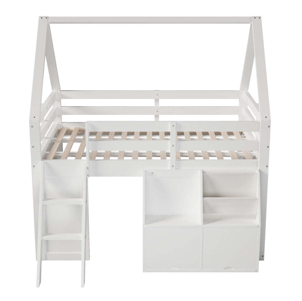LETTO A SOPPALCO a Casetta 140x200 cm Bianco con Scala, LED e Contenitori