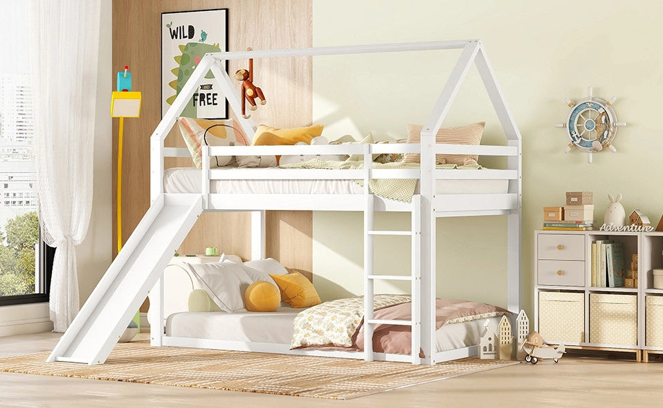 Letto a castello per bambini a forma di casa con scivolo e scala, bianco, 90x200 cm