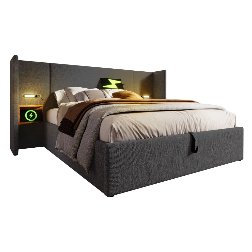 Letto matrimoniale 160x200 grigio con contenitore e comodino