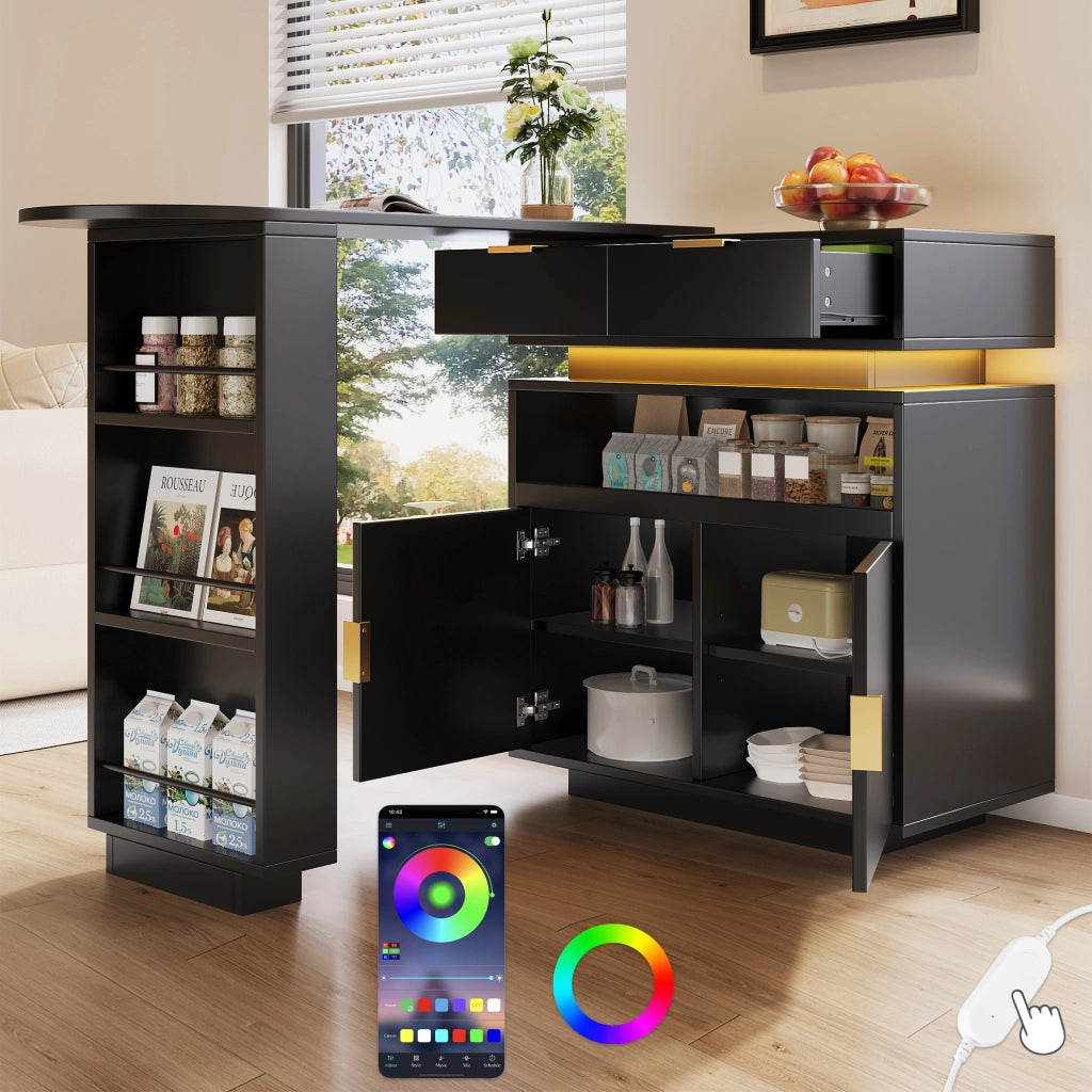 Tavolo da bar allungabile con piano girevole e LED Bluetooth; 115-183x40x99;5 cm; MDF nero