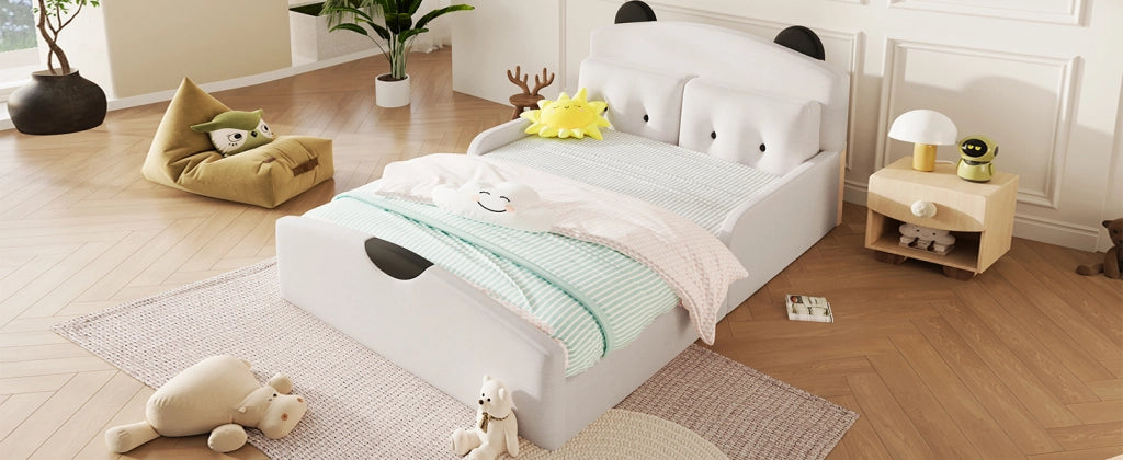 Letto a piattaforma 140 × 200 cm con testiera imbottita a orsetto in lino bianco e 2 cuscini decorativi