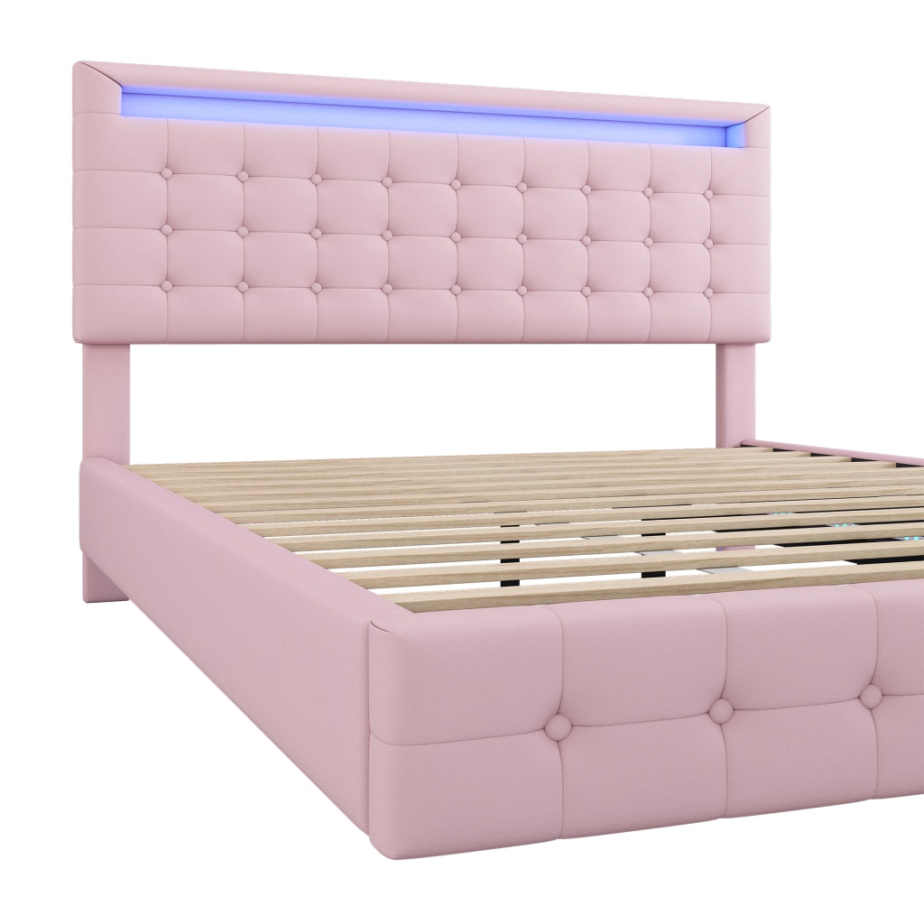 Letto imbottito 140x200 cm in similpelle rosa con LED e testiera regolabile