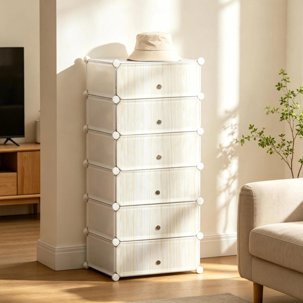 Scarpiera modulare a 6 cubi in PP e acciaio; 49 x 36;5 x 108 cm; bianca