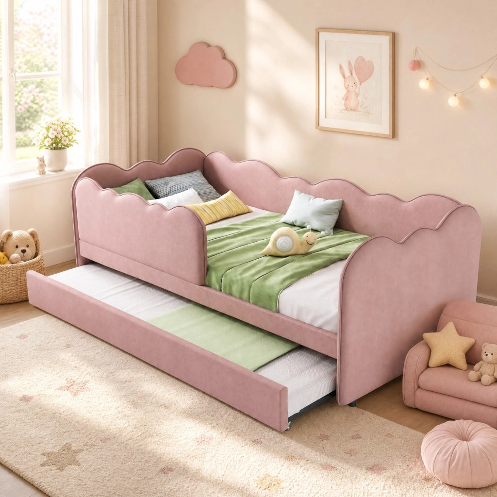 Letto con letto estraibile 90 × 190 cm struttura a L con schienale imbottito in velluto rosa