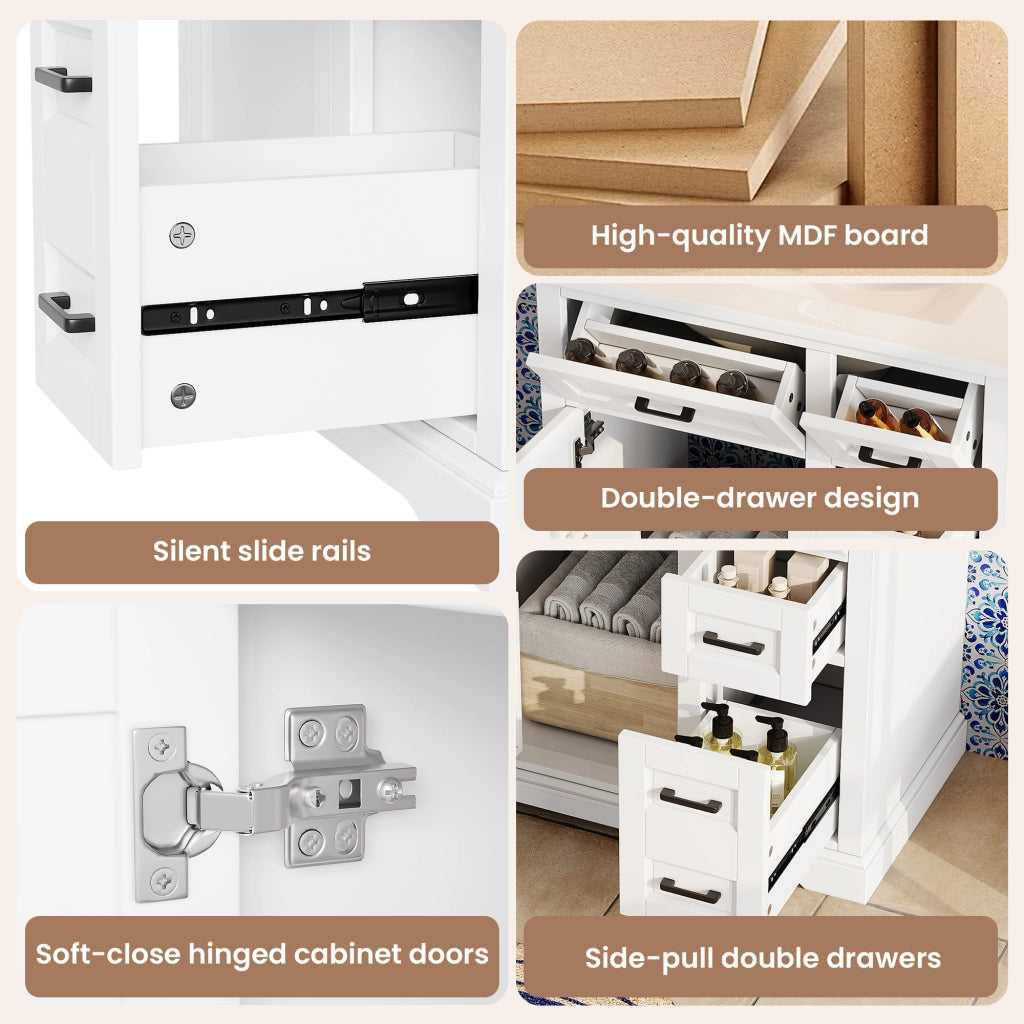 Mobiletto con lavabo integrato a terra con 4 cassetti e anta soft-close in ceramica e MDF bianco 76 × 47 × 82 cm