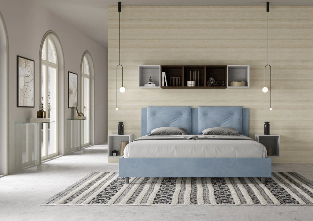 BS COM Letto con rete imbottito 180x200 microfibra azzurro