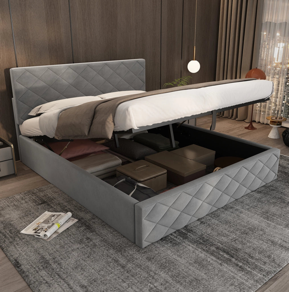 Letto contenitore idraulico 140 × 200 cm con rete a doghe; velluto grigio