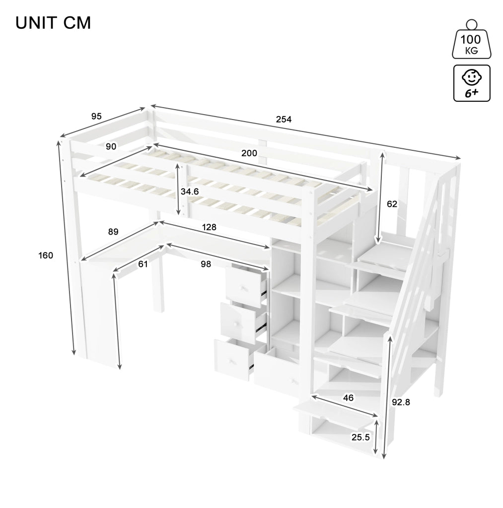 Letto a soppalco per bambini 90x200 cm bianco con scrivania, pino e MDF