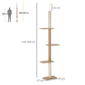Albero tiragraffi per gatti da soffitto, regolabile in altezza 228-260 cm, colore cachi