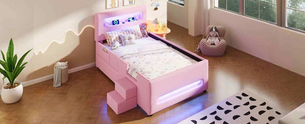 Letto piattaforma imbottito rosa 90x200 cm con scale, cassetti, luci LED e tasche portaoggetti