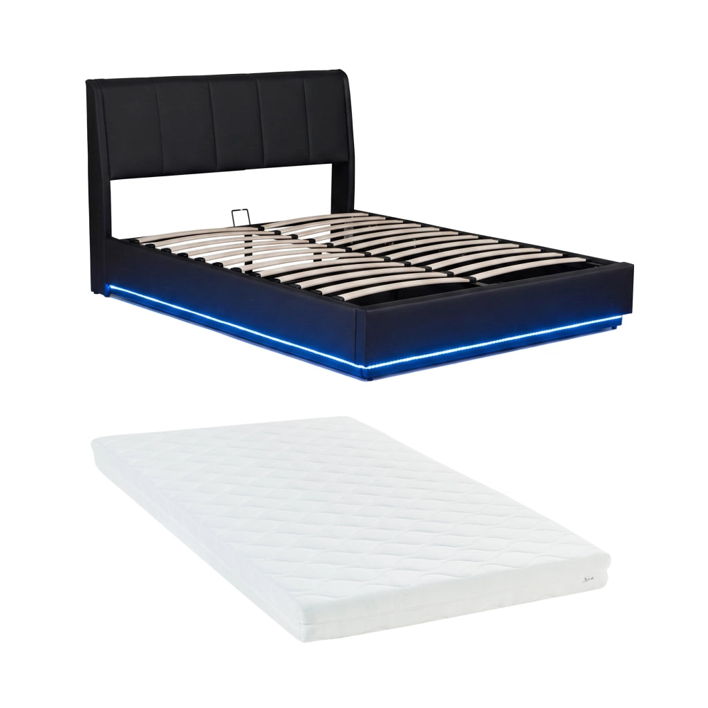 Letto Francese Contenitore Tröstiar a Luce LED con Materasso 140x200 cm - Similpelle Nero [en.casa]