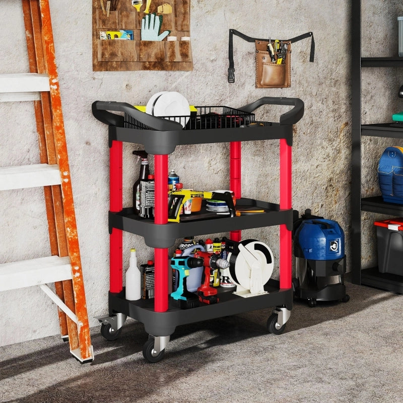 Carrello porta utensili a 3 ripiani con maniglia e ruote, nero, 81 x 43 x 96 cm, portata max 68 kg