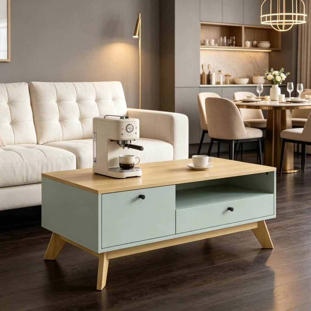Tavolino da caffè rettangolare in MDF verde chiaro con cassetto; anta e vano aperto; 100x50x40 cm