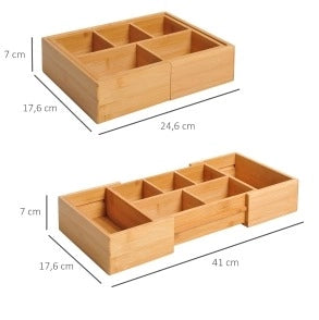 Organizer in Bambù Naturale Estensibile 24,6 x 17,6 x 7 cm per Cassetti con 5-7 Scomparti