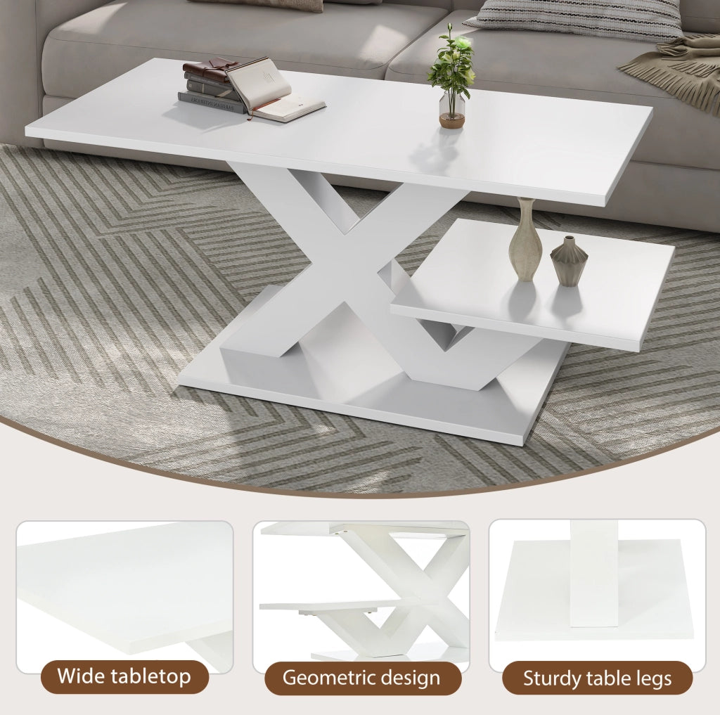 Tavolino da caffè rettangolare bianco lucido 100x48x45 cm in MDF con doppio ripiano