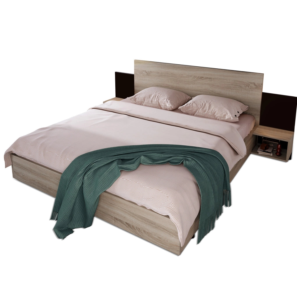 Letto matrimoniale in legno 160x200 cm con 2 comodini sospesi in rovere Sonoma e grigio scuro