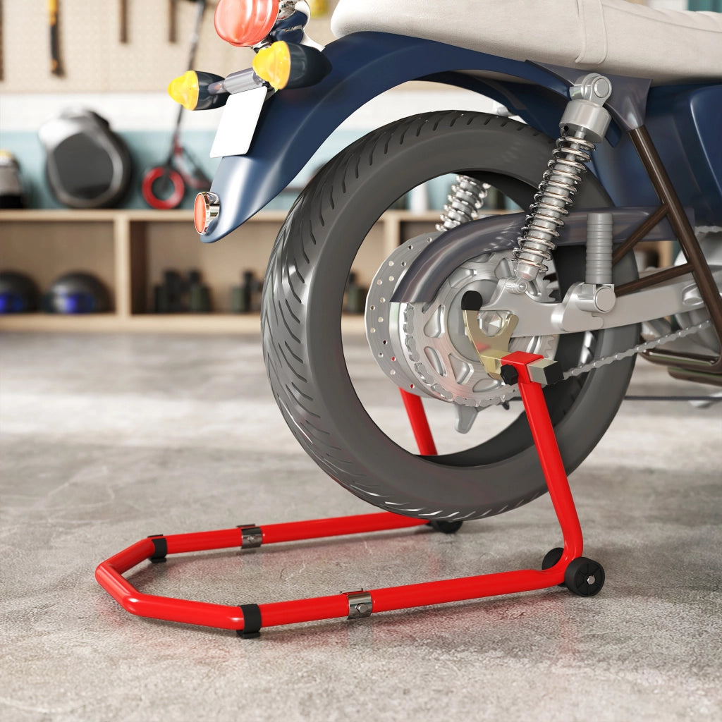 Cavalletto Moto Anteriore e Posteriore 390 kg, Forcelle a U e L, Supporto Alzamoto Regolabile e Robusto per Garage e Officina, Rosso