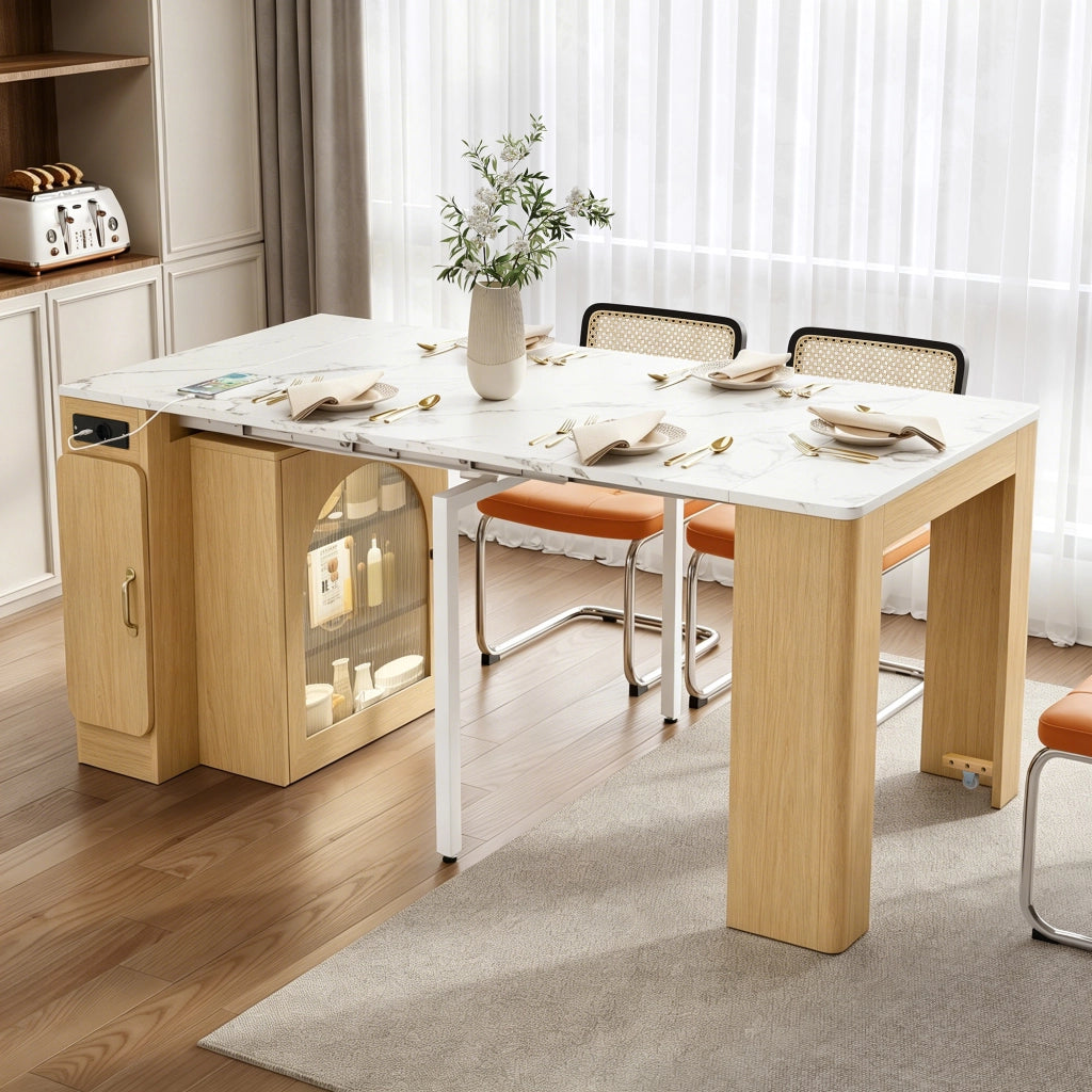 Tavolo allungabile con tre piani; LED e presa USB Type-C in MDF e vetro; naturale