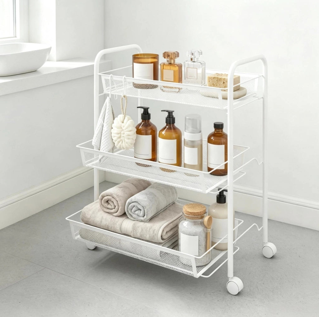 Carrello portavivande ULEVR a 3 livelli con cestelli, 4 ruote bloccabili e ganci, acciaio bianco 45x26,5x63 cm