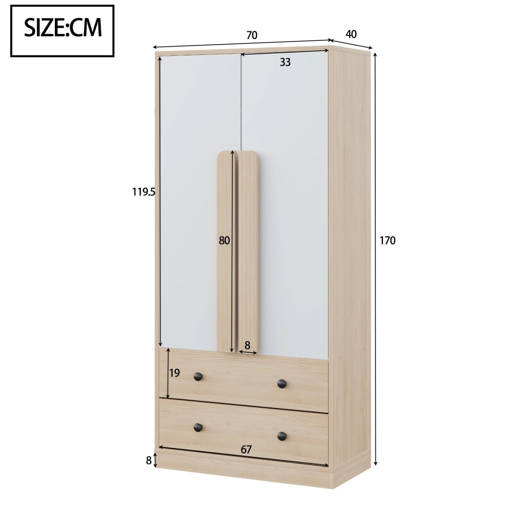 Armadio guardaroba 70x40x170 cm con 2 ante; 2 cassetti e barra appendiabiti; bianco e naturale