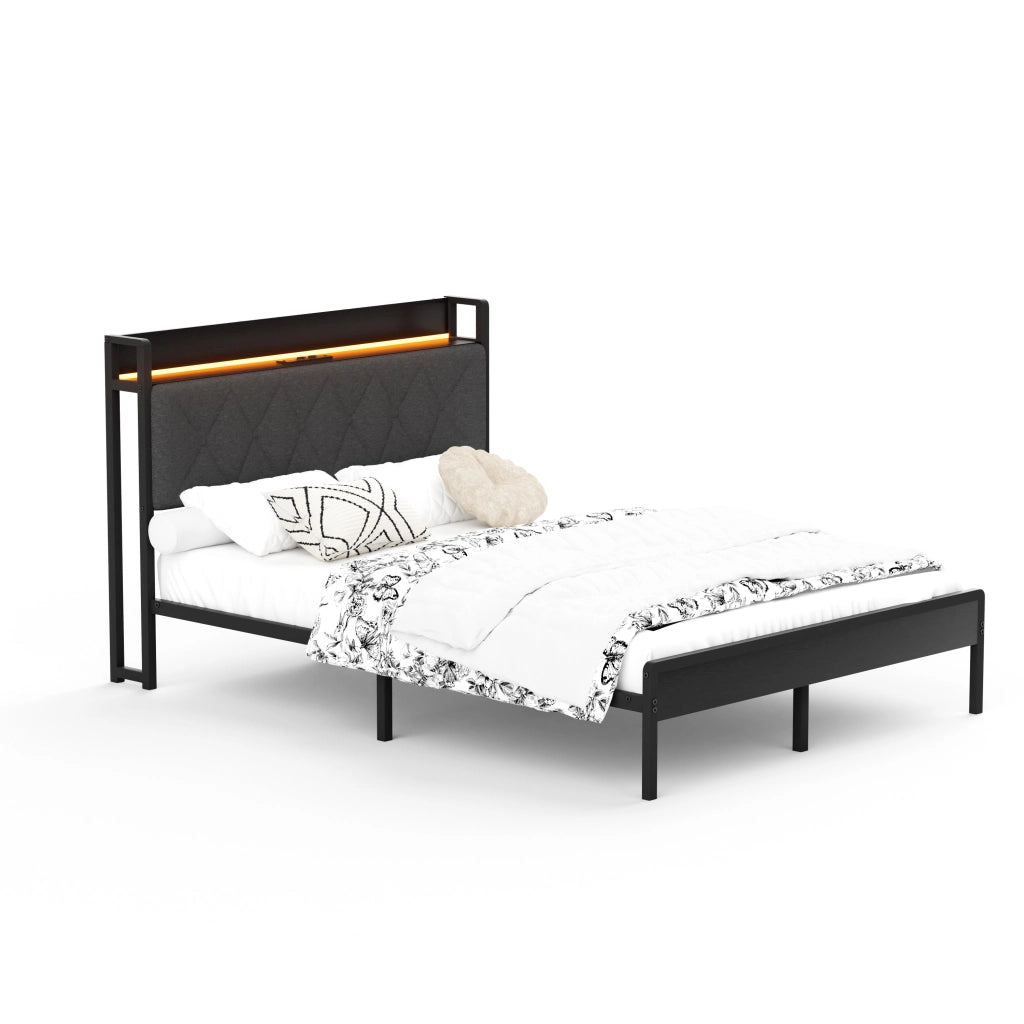Letto Matrimoniale 140x190 cm con LED; USB e Contenitore in Tessuto e Metallo