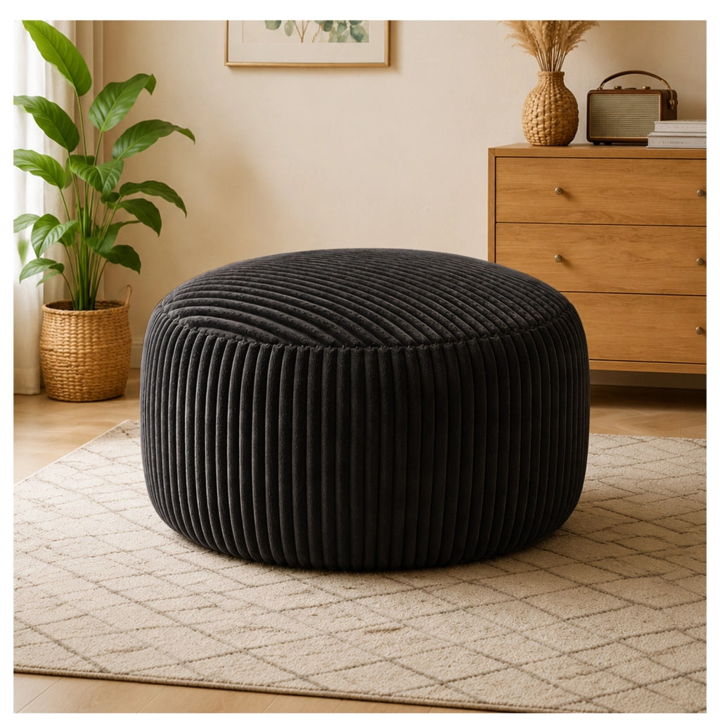 Pouf a sacco rotondo in velluto a coste nero con cubi di memory foam per soggiorno camera e ufficio