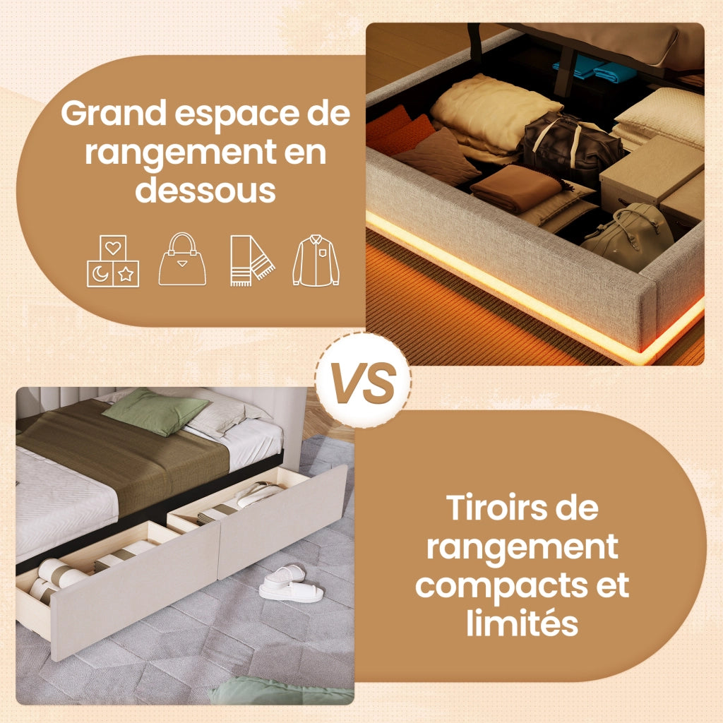 Letto matrimoniale 140 × 200 cm con contenitore idraulico, LED, USB e Type-C, senza materasso, in lino beige