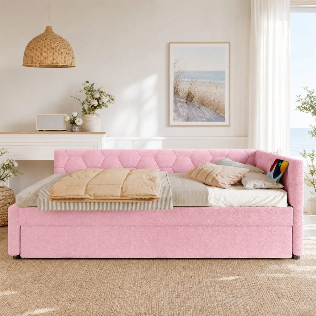 Letto con letto estraibile 90 × 200 cm con rete a doghe USB Tipo-C luce da comodino bouclé rosa
