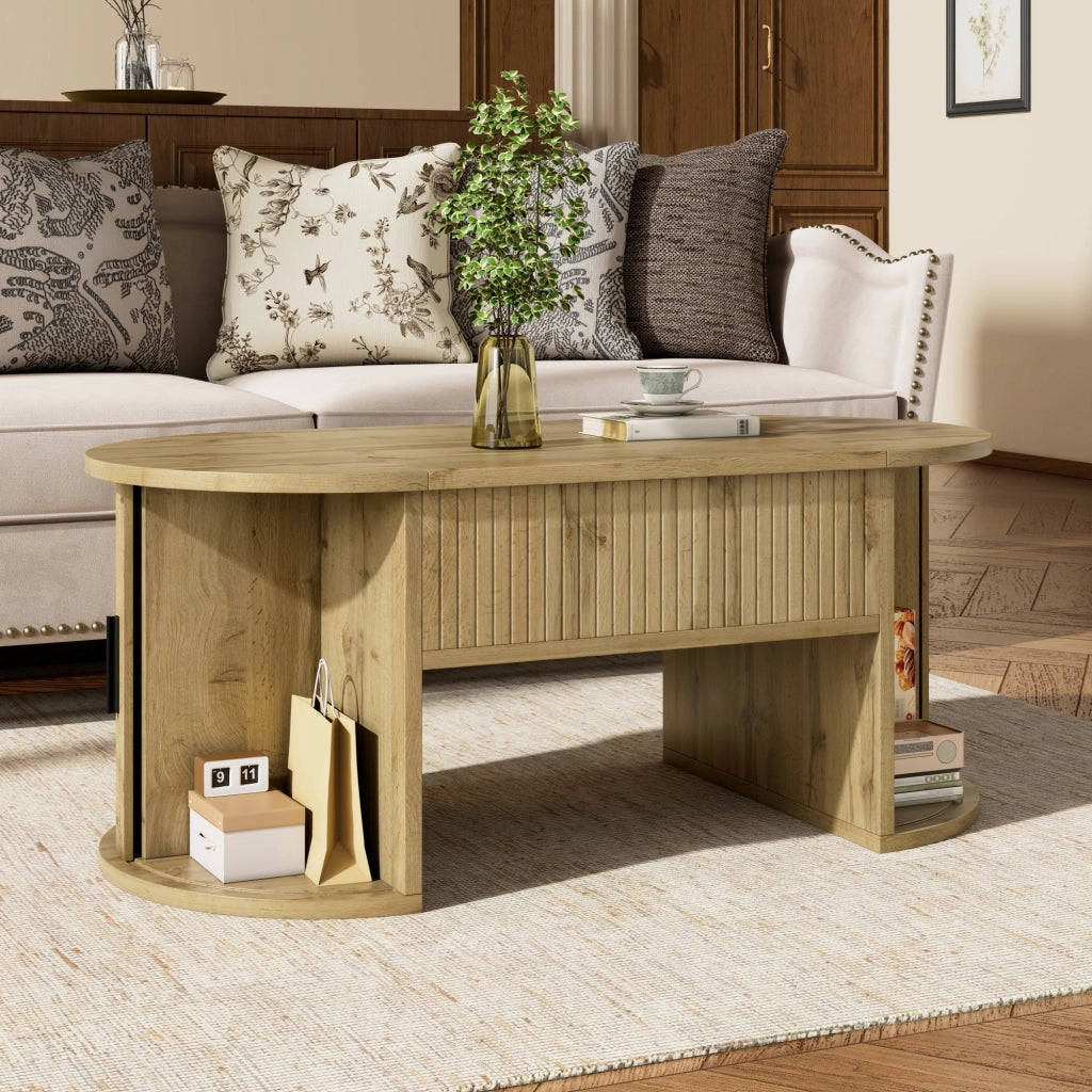 Tavolino basso sollevabile con piano regolabile e ripiani aperti in MDF effetto rovere, ovale, 100 × 50 × 40,5 cm