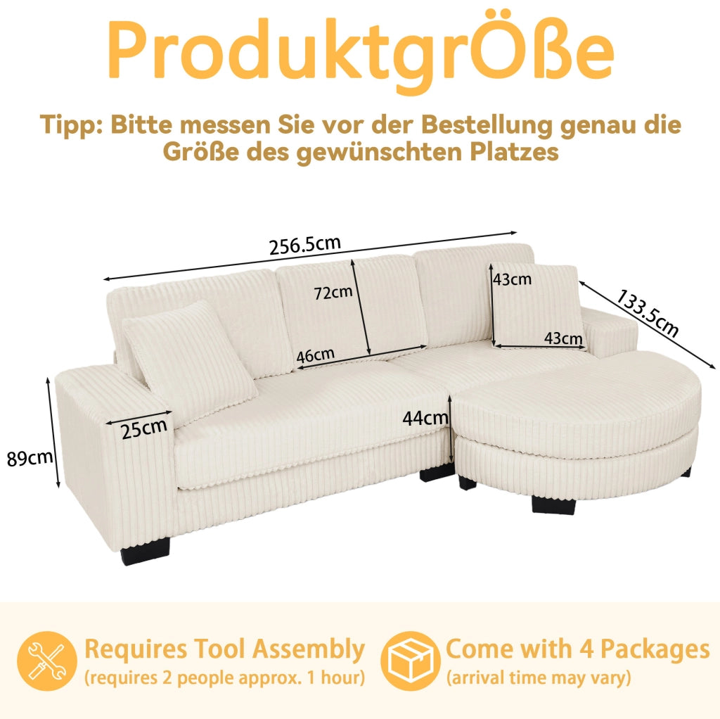 Divano angolare a L 4 posti in velluto a costine beige con pouf ovale modulare e 2 cuscini